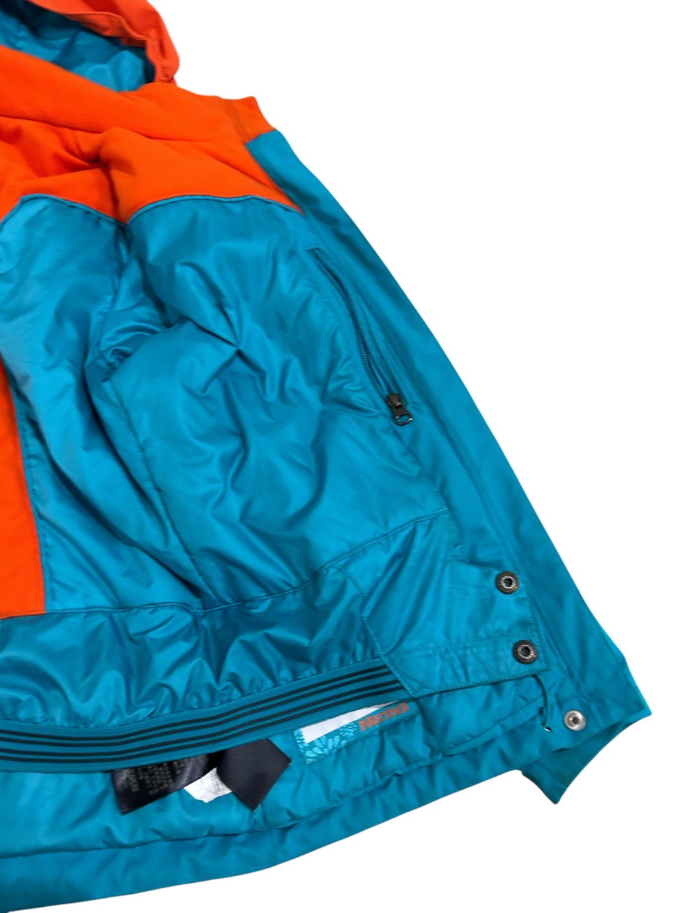 Marmot Orange & Teal Colorblock Hooded zip up ski Jacket kids medium - Picture 11 of 14
